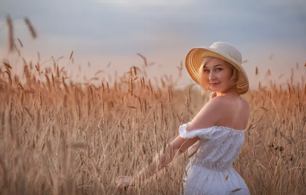 Picture field, look, girl, nature, smile, back, dress, blonde