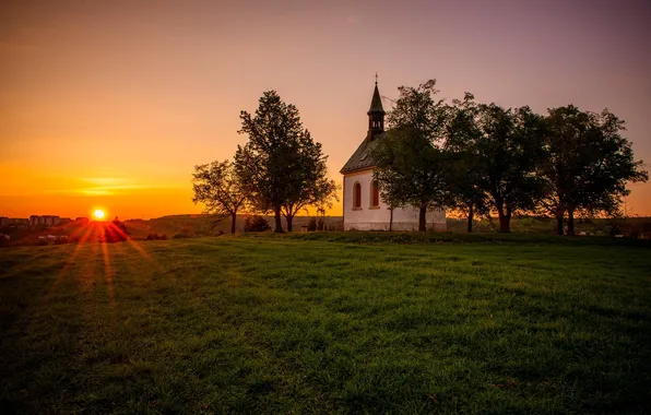 Landscape, sunset, Church