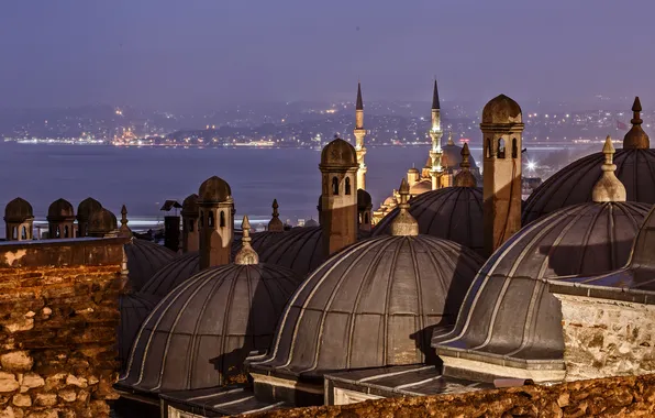 Picture night, lights, Strait, Cathedral, mosque, Istanbul, Turkey, the minaret