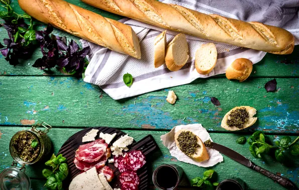 Picture cheese, bread, meat, baguette, sausage, Basil, pesto