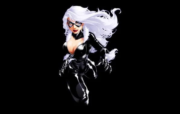 Picture chest, girl, black background, white hair, comic, marvel, Marvel Comics, Black Cat