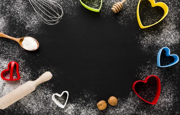 Table, holiday, heart, heart, spoon, hearts, black background, placer