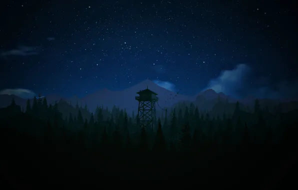 Forest, mountains, night, tower, fire, Firewatch