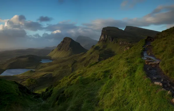Greens, the sky, grass, clouds, mountains, stones, hills, the slopes
