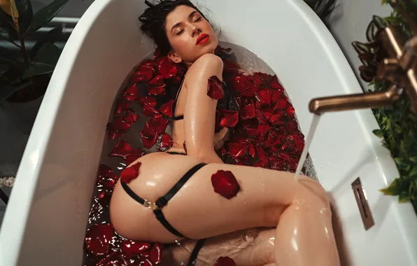 Water, girl, pose, petals, bath, red lipstick, closed eyes, Gregory Levin