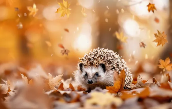 Autumn, leaves, light, nature, glade, foliage, hedgehog, falling leaves