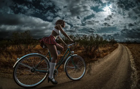 Road, girl, bike, the evening, skirt