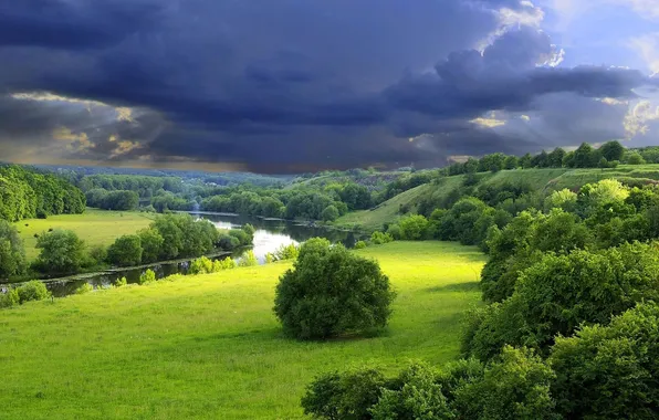 Picture wallpaper, Clouds, Landscape, Summer, River, Field
