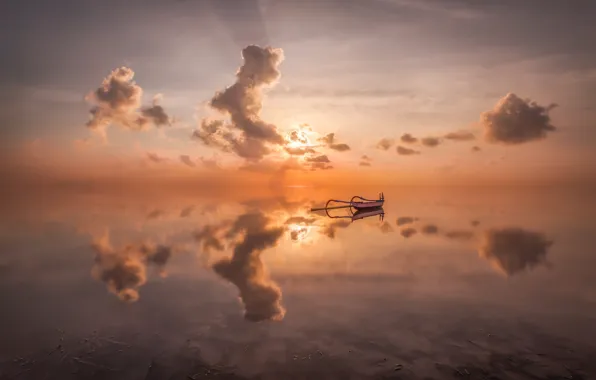 Sea, clouds, sunset, reflection, boat, sea, sunset, clouds