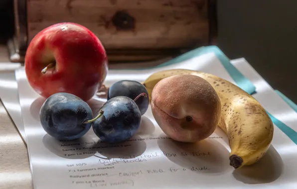 Light, paper, table, red, Apple, fruit, still life, records