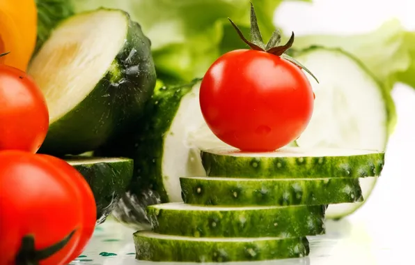 Vegetables, tomatoes, slices, cucumbers