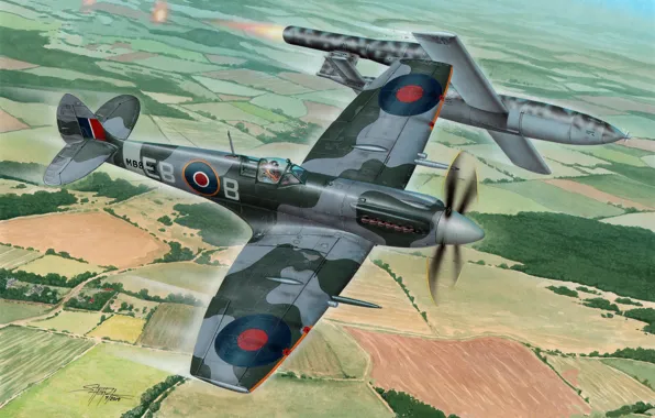 Picture Fighter, Supermarine Spitfire, Supermarine Spitfire Mk.XII, V-1, V-1, Fi-103, Cruise missile, Spitfire Mk. XII