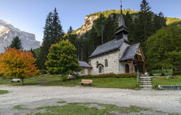 Autumn, forest, mountains, Alps, Church, benches, benches