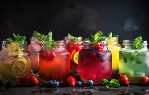 Berries, banks, fruit, drinks, different, cold, digital art, refreshing