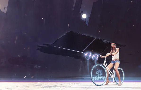 Girl, bike, the moon, art, glasses, wheel, cyborg