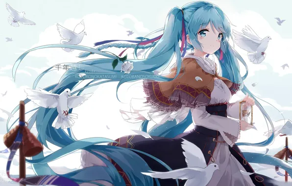 Anime, art, pigeons, girl, vocaloid, hatsune miku