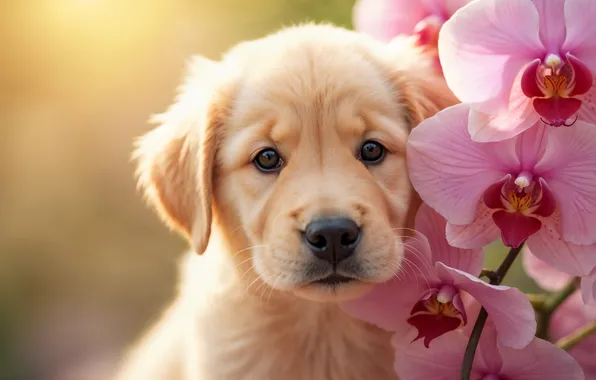 Look, light, flowers, pose, portrait, dog, branch, puppy