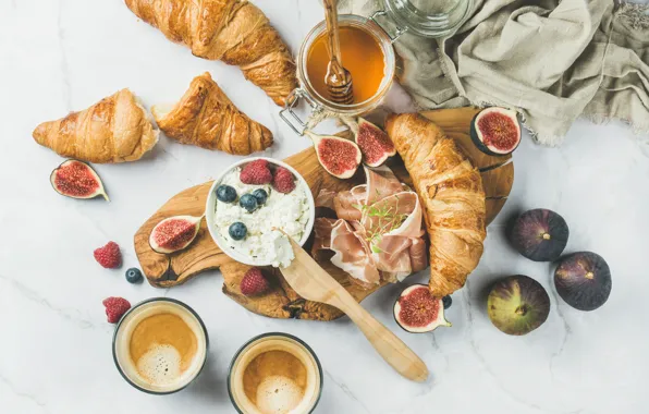 Berries, raspberry, coffee, Breakfast, blueberries, honey, bacon, croissants