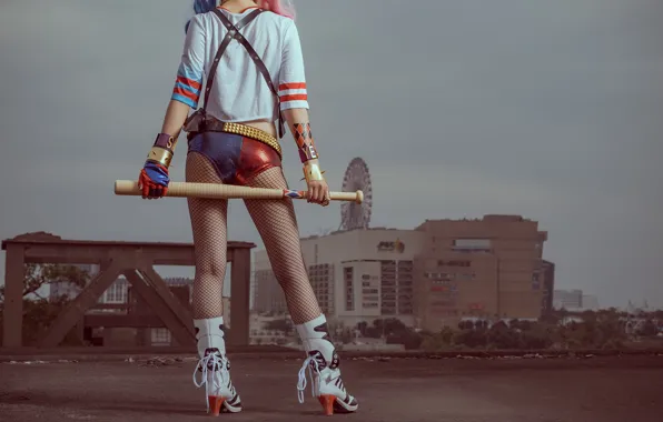 Picture the city, style, background, legs, Asian, baseball bat