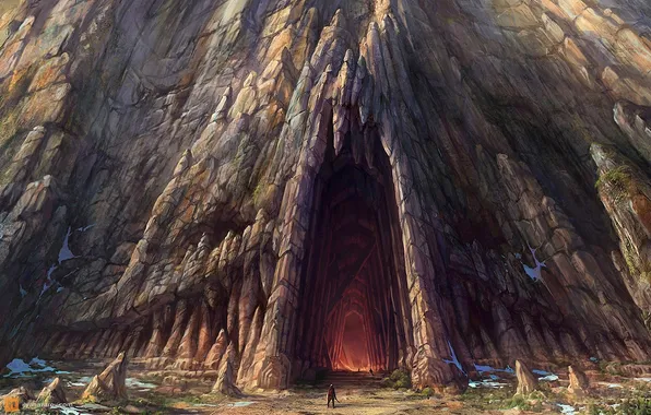 Picture mountain, warrior, art, cave, entrance, Lord of The Rings, War In The North, Ilya Nazarov