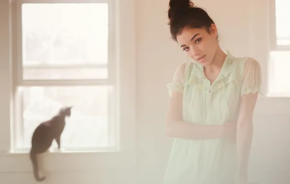 Cat, cat, girl, brunette