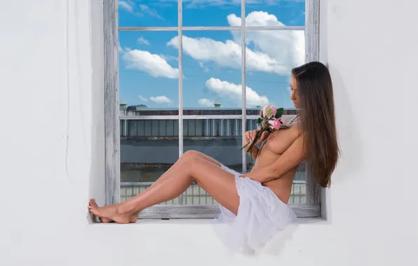 Chest, girl, clouds, body, roses, bouquet, window, sill