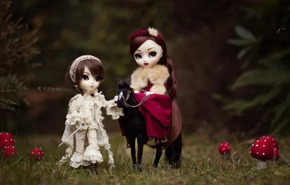 Picture nature, horse, girls, toys, mushrooms, doll
