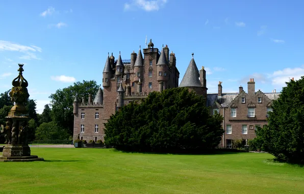 Greens, grass, trees, castle, lawn, glade, Scotland, Glamis