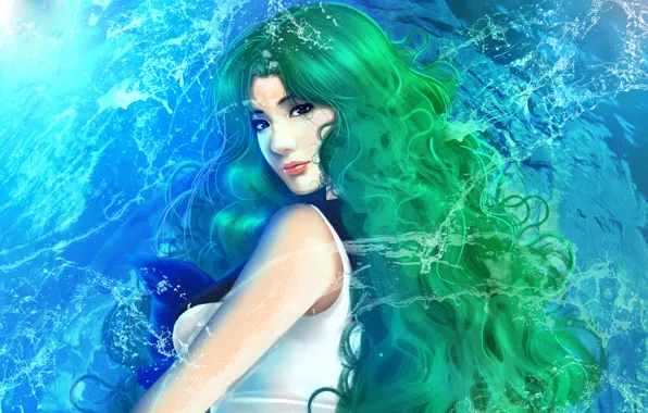Water, girl, green hair, Sailor Neptune, Kaiou Michiru, Bishoujo Senshi Sailor Moon