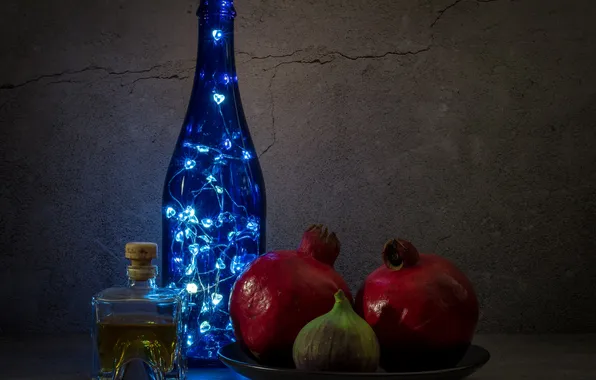 Bottle, still life, garland, grenades, garnet, figs