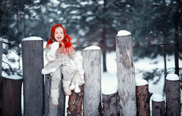 Picture winter, snow, joy, smile, mood, toy, girl, logs
