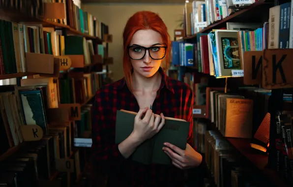 Girl, glasses, freckles, library, the beauty, smart, Hello book