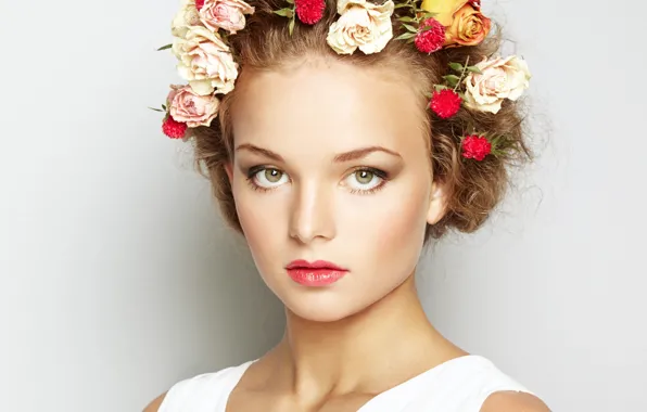 Picture look, girl, flowers, face, background, hair, makeup, hairstyle