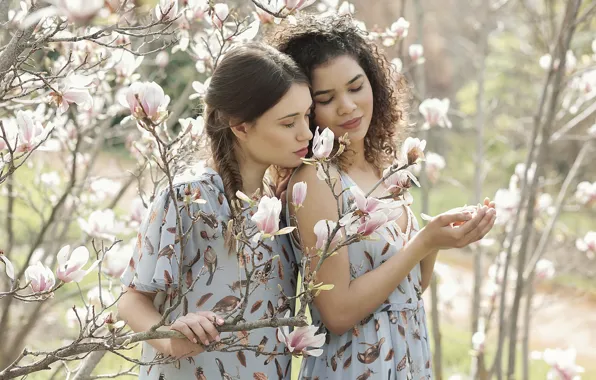 Picture girl, spring, garden, Magnolia