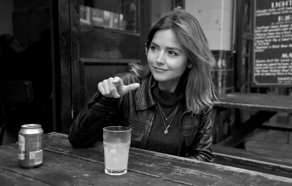 Smile, photo, actress, jacket, hairstyle, black and white, sitting, Jenna Coleman