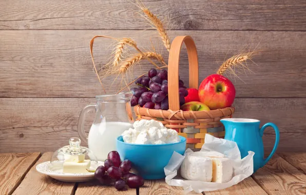 Apples, food, cheese, milk, grapes, drink, pitcher, basket