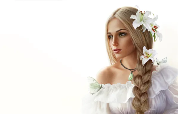 Flowers, Girl, Minimalism, Figure, Butterfly, Flower, Blonde, Face