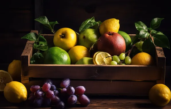 Leaves, light, berries, the dark background, table, apples, food, grapes