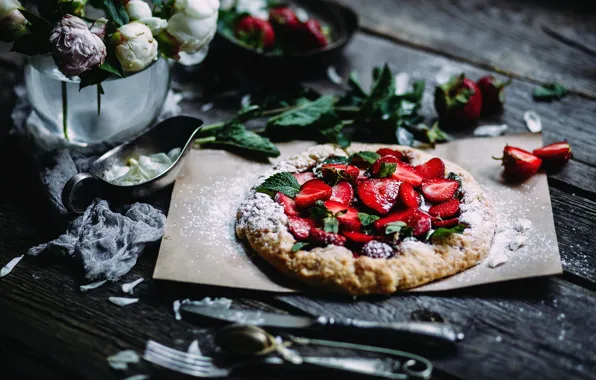 Leaves, flowers, berries, table, Board, bouquet, petals, strawberry