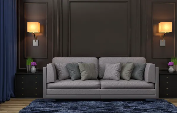 Flowers, lamp, sofa, furniture, interior, pillow, living room, vases