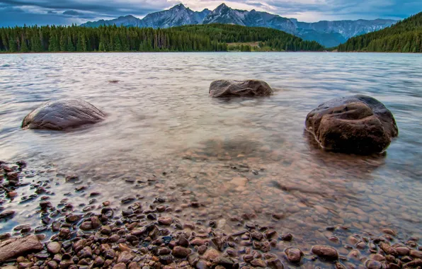 Forest, clouds, trees, mountains, lake, stones, Canada, Banff National Park