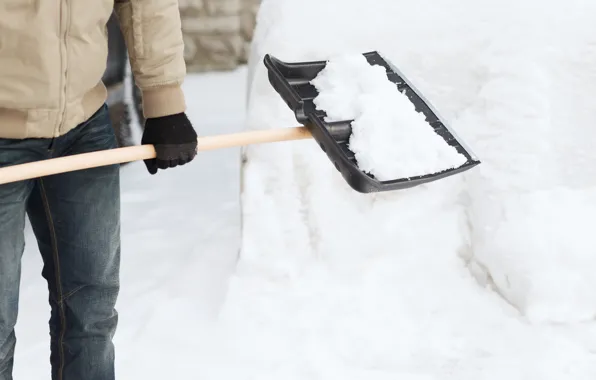 Winter, snow, man, gloves, snow shovel