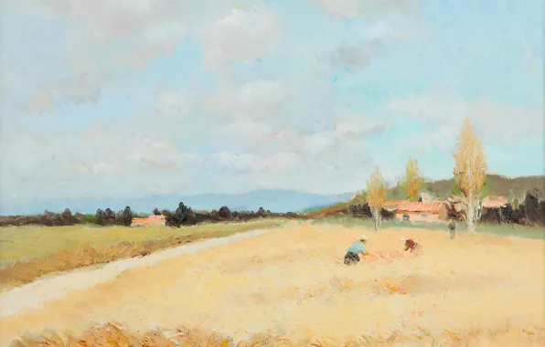 Landscape, mountains, house, picture, harvest, Marseille Dif, Figures in the field