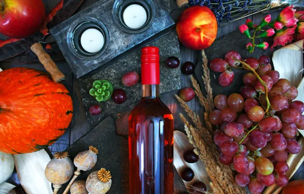 Picture wine, bottle, candles, Pumpkin, Mac, grapes, Still life, garnet