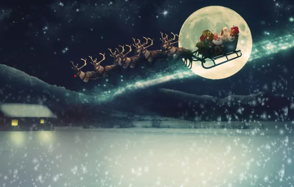 Winter, the sky, stars, snow, flight, mountains, night, rendering