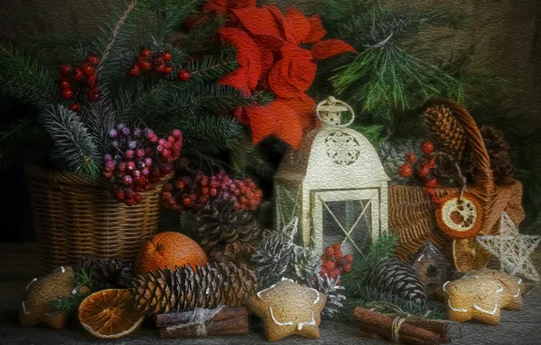 Flower, branches, berries, table, treatment, bouquet, texture, cookies