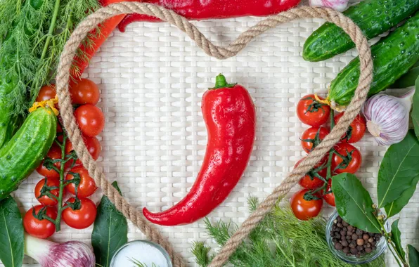 Greens, heart, rope, pepper, vegetables, composition