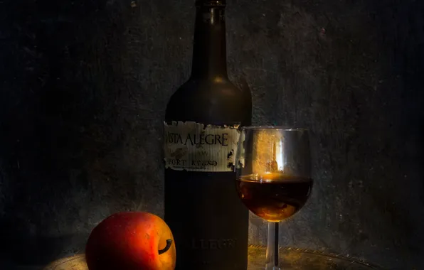 Picture wine, glass, bottle, Apple, tray, The conneisseur