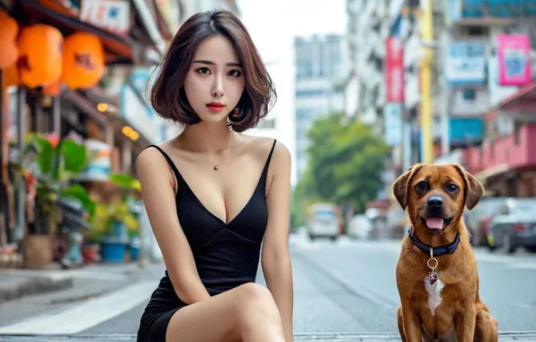 The city, street, neckline, Asian, digital art, short hair, girl with dog, digital art