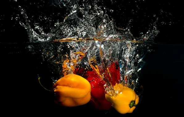 Water, squirt, food, splash, pepper, vegetables